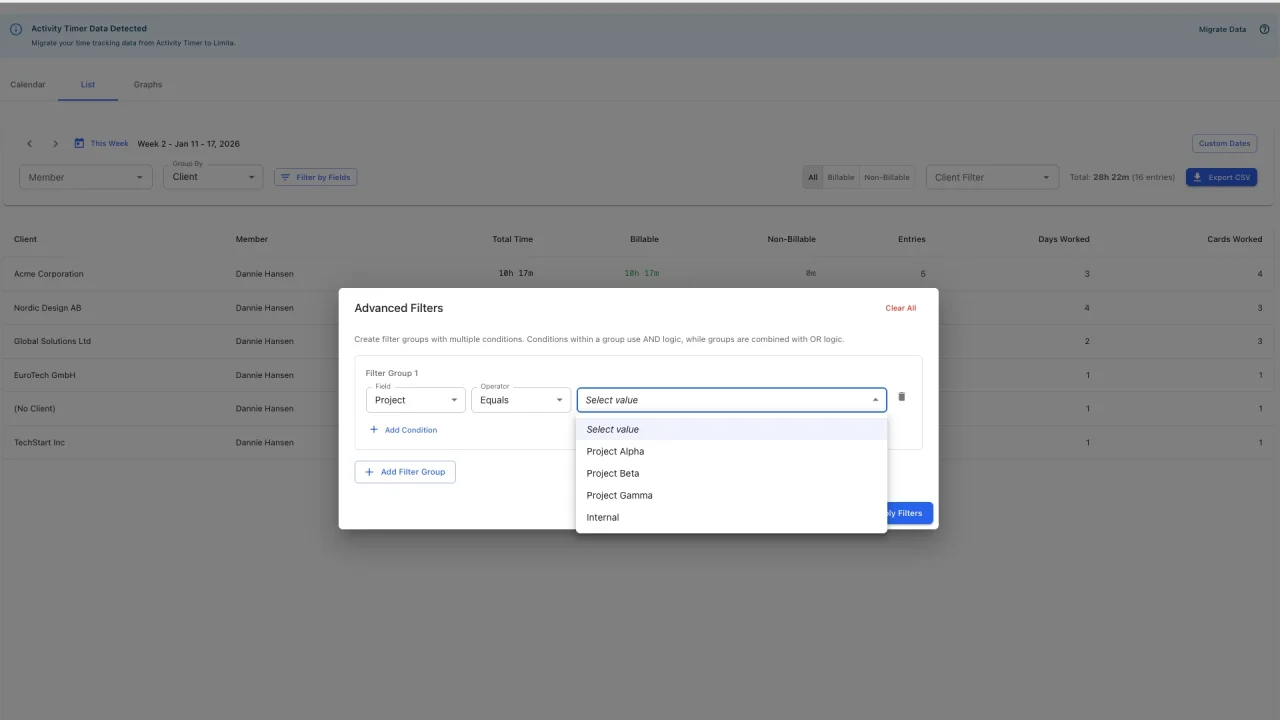 CSV export with custom fields and filtering